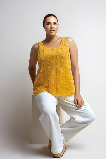 Hanezza Plus Size Chiffon Blouse - Mustard U Collar, Zero Sleeve, 42-52 with Inner Lining