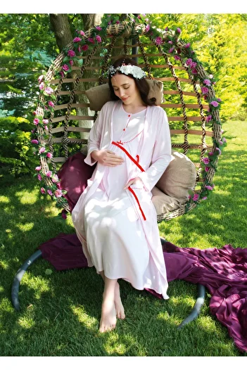 JENİKA Maternity Long Sleeve Dressing Gown with Ribbon Pompom Collar and Pocket Detail, 2-Piece Dressing Gown Set with Openable Buttons