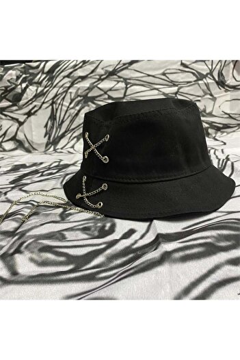 Köstebek Black Bucket Hat with Chain Eyelets