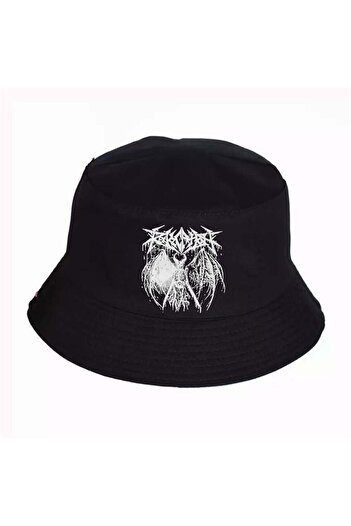 Köstebek Anime Winged Skeleton Black Bucket Hat