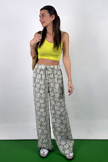 Love The Wind Green Patterned Polyamide Viscose Draped Palazzo Trousers