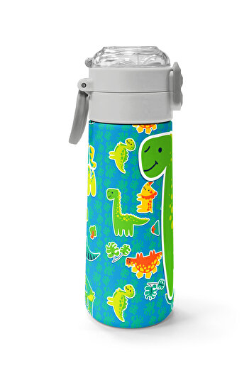 Coral High Kids Blue Green Dinosaur Patterned Straw and Direct Drinking Steel Thermos 500 ml 31798