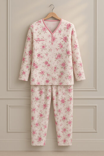 nacar çarşı Kadın Anne Uzun Kollu Pembe Çiçek Desenli Penye Pijama Takımı