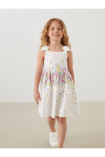 LC Waikiki Lcw Kids White Square Neck Floral Satin Girl Dress S5Gh10Z1Nvy25