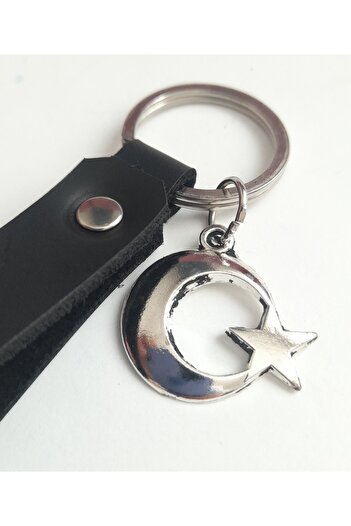 AB Takı Moon Star Turkey Symbol Fashion Black Real Leather Keychain