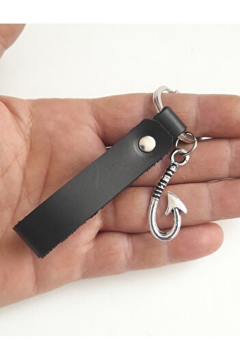 AB Takı Hook Symbol Fashion Black Real Leather Keychain