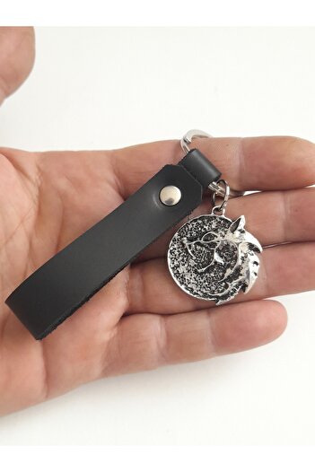 AB Takı Wolf Symbol Fashion Black Real Leather Keychain