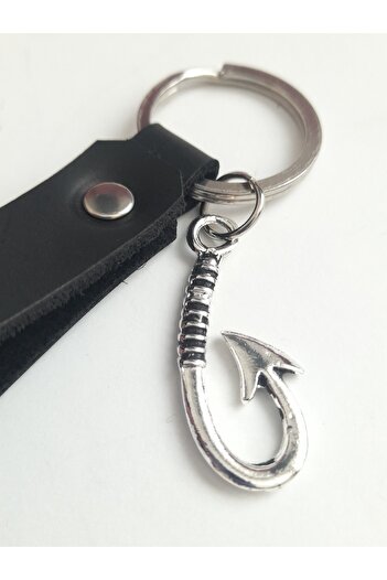AB Takı Hook Symbol Fashion Black Real Leather Keychain