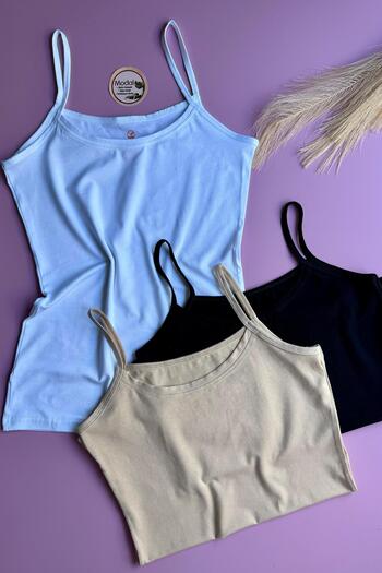 VicTroy Elytra Model |   3-Piece Black, White and Tan Extra Piping Rope Strap Tank-Blouse