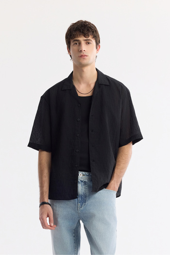 Avva Men's Boxy Fit Black Apaj Collar Viscose Blend Short Sleeve Shirt A51Y2131