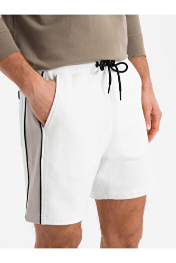OMBRE Kurze Herren Sweatshorts mit breiten Streifen - broken white V1 OM-SRSK-0182 M