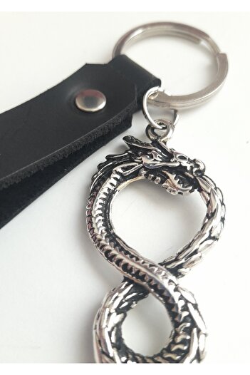 AB Takı Dragon Snake Symbol Fashion Black Real Leather Keychain