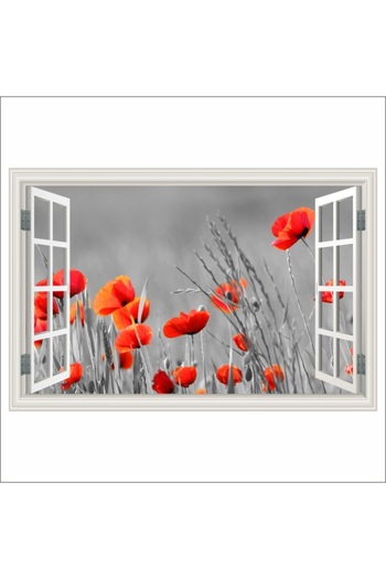 media Self-adhesive photo wallpaper Window Field of red poppies, black and white, 150 x 100 cm