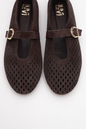 LuviShoes Ari̇an Brown Suede Genuine Leather Perforated Women's Ballerina Shoes