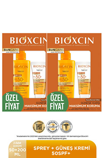 Bioxcin Sun Care Spf 50 Yüz Güneş Kremi 50 ml Kuru ve Normal Cilt + Vücut Güneş Spreyi 200 Ml 2 adet