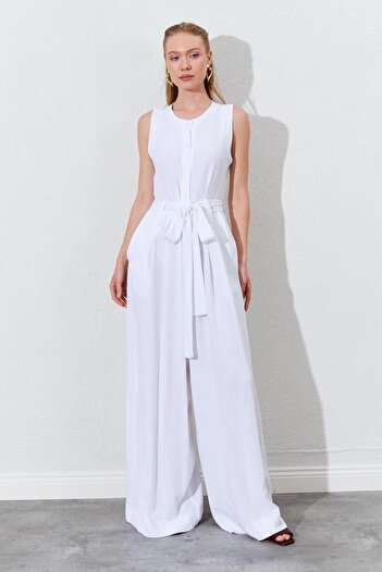 TENA Women's White Sleeveless Belted Double Leg Jumpsuit