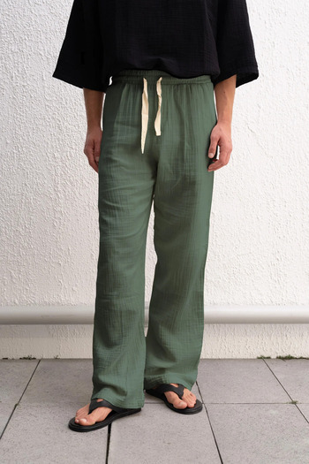 GIESTO Khaki Pants with Dumped Lace Details