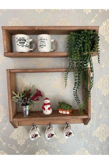 Tooall Natural Wood 2 Tier Wall Shelf – Hanging Coffee Rack & Mug Organizer