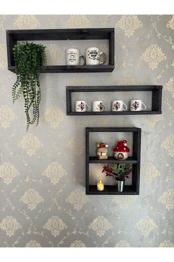 Tooall Set of 3 Wooden Wall Shelves – Horizontal & Vertical Shelf Set with Mug Hanger, Coffee Corner Decor