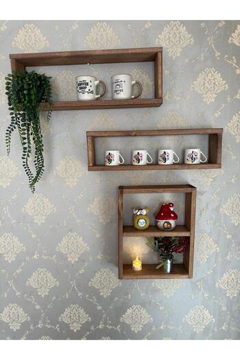 Tooall Set of 3 Wooden Wall Shelves – Horizontal & Vertical Shelf Set with Mug Hanger, Coffee Corner Decor