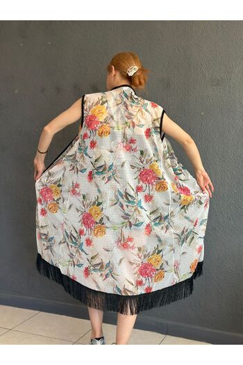 Gönülden Tasarım Flower Patterned Long Tassel Women's Vest Beach Vest 105 cm