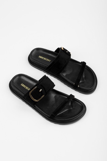 Shoeberry Women's Auree Black Suede Velcro Buckle Detailed Slippers