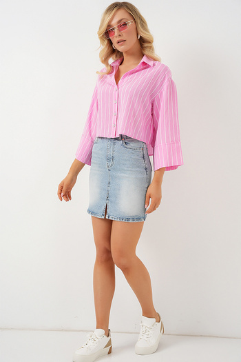 Bigdart Women's Striped Oversize Short Shirt 20326 - Pink
