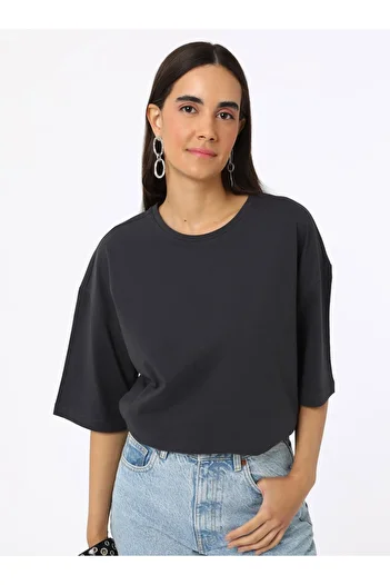 Refka Crew Neck Off Shoulder Women's Basic T-Shirt - Anthracite - Refka