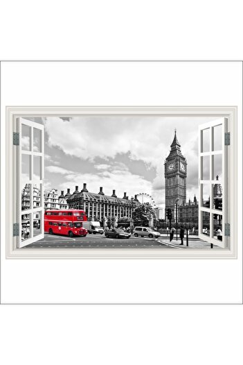 media Self-adhesive and washable wall mural London Window, red bus, black and white, 135 x 90 cm