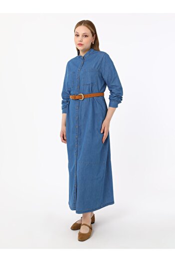 ALİA Plus Size Natural Fabric Buttoned Denim Hijab Dress - Light Blue - Alia
