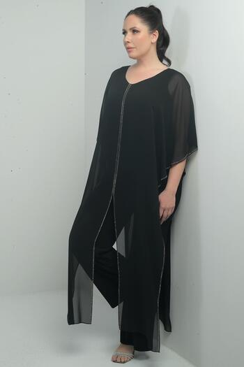 By Saygı Women's Chiffon Stone Detail Cape Wide Leg Lycra Plus Size Jumpsuit