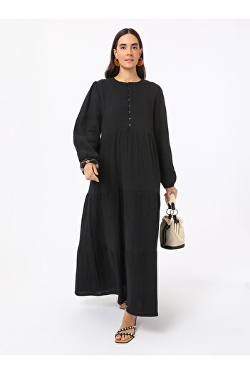 Benin Cotton Muslin Hijab Dress with Flywheel Detail - Black - Benin
