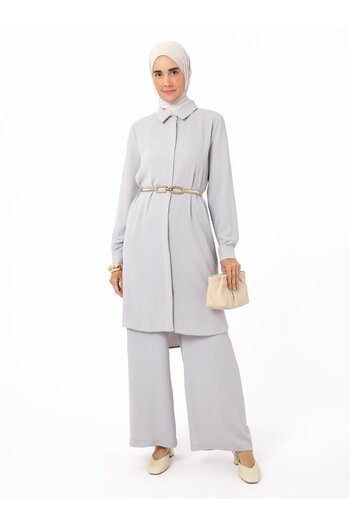 Refka Tie Detailed Trousers Tunic Double Set - Gray - Refka