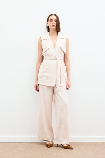 Sateen Belted Long Vest - Stone