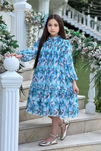 Riccotarz Girls' Blue Dress with Ruffle Detail on Collar and Shoulders and Floral Embroidered Pleats