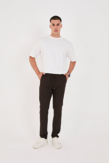 BROCARD Men's Jogger Slimfit Waist Half Elastic Brown Fabric Trousers