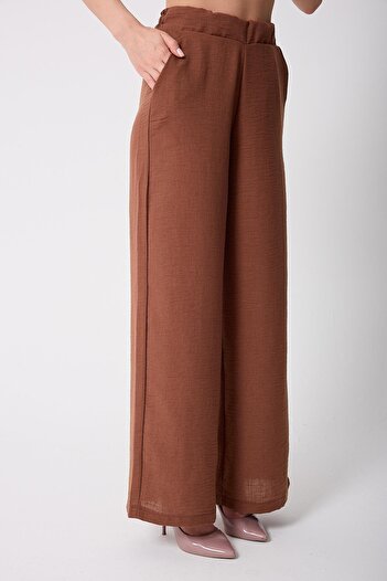 AMİDA Women's Brown Muslin Linen High Waist Palazzo Trousers - 2522