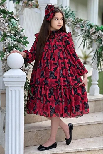 Riccotarz Girls' Red Dress with Ruffle Detail on Collar and Shoulders and Floral Embroidered Pleats