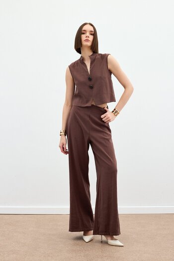 Sateen High Waist Linen Trousers - Brown