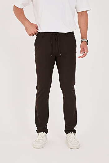 BROCARD Men's Jogger Slimfit Waist Half Elastic Brown Fabric Trousers