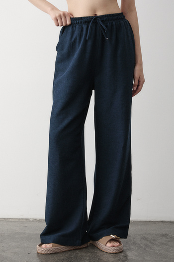 Laluvia Navy Blue Elastic Waist Wide Leg Trousers - 2813