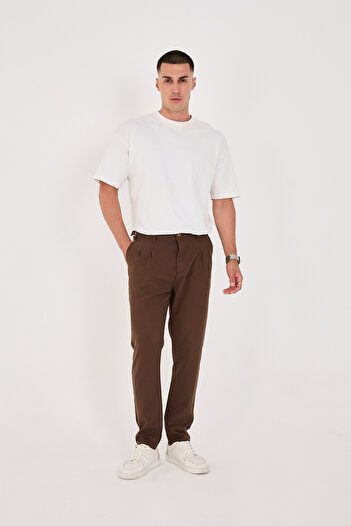 BROCARD Men's Brown Italian Cut Boyfriend Fit Casual Summer Fabric Trousers with Buckle Belt