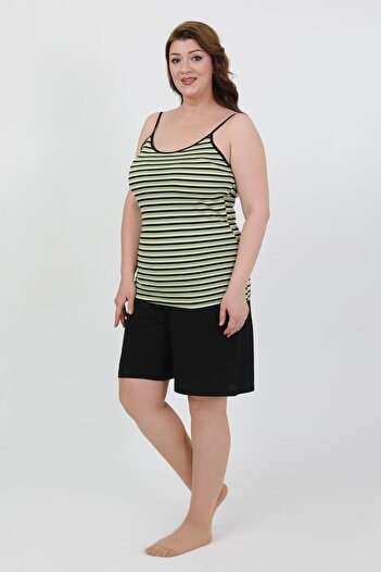 Akbeniz Women's Plus Size Rope Strap Combed Cotton Shorts Suit Green 202508