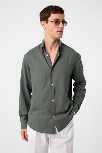 Antioch Khaki Linen Blend Collar Buttoned Men's Shirt