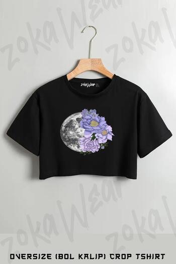 ZOKAWEAR Moon Abloom Printed Lavendar and Periwinkle Printed Oversize Crop T-Shirt