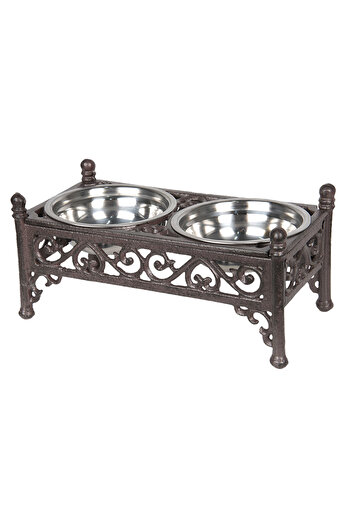 Clayre & Eef Double Feeding Bowl for Animals Iron Brown 28x15x13 cm