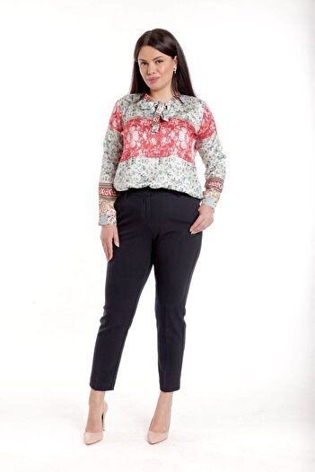 Eranthe Women's Satin Blouse with Bow, Gray with Red and Print