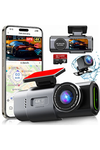 VisionHub Dual Dash Cam 4k – 2160p Full HD, WIFI + GPS, Adjustable G-Sensor, Phone App
