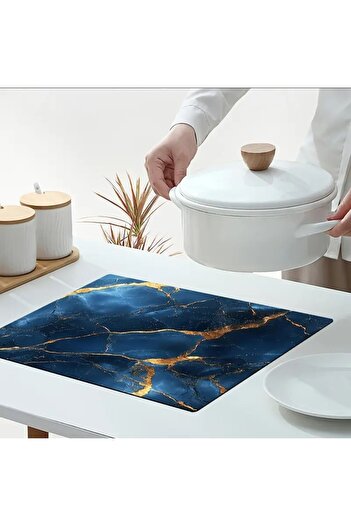 sgeteknoloji 55 CM x 45 CM ALTIN DAMARLI MAVİ MERMER TEMALI TEZGAH ÜSTÜ BULAŞIK KURUTMA MATI BULAŞIKLIK KURUTMA Ö