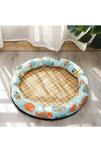 TaoTaoPets Round Pet Bed with Cooling Mat, Rattan Bamboo Breathable and Comfortable Cool Pad